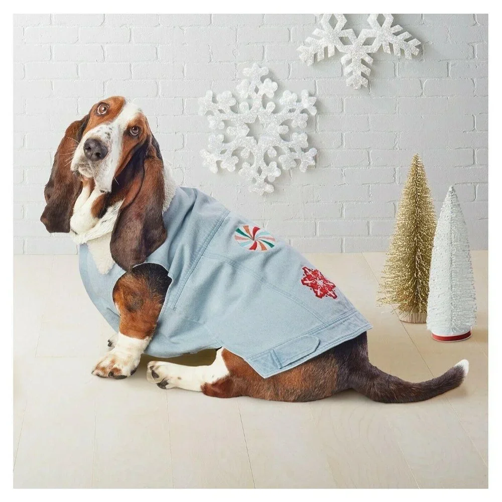 Wondershop Denim I Believe Dog Jacket Snowflake Candy Sherpa Collar Size Small